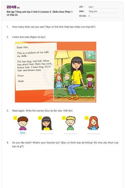 Bài tập Tiếng anh lớp 3 Unit 6 Lession 5. Skills time Phần 1 có đáp án