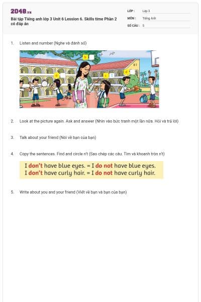 Bài tập Tiếng anh lớp 3 Unit 6 Lession 6. Skills time Phần 2 có đáp án