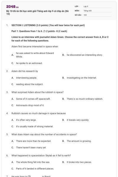 Bộ 10 đề ôn thi học sinh giỏi Tiếng anh lớp 9 có đáp án (Đề 10)