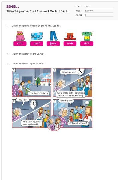 Bài tập Tiếng anh lớp 3 Unit 7 Lession 1. Words có đáp án