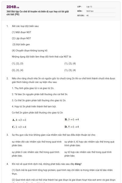 360 Bài tập Cơ chế di truyền và biến dị cực hay có lời giải chi tiết (P8)