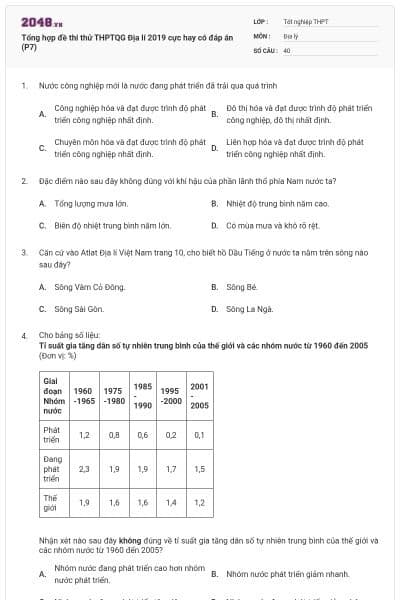 Tổng hợp đề thi thử THPTQG Địa lí 2019 cực hay có đáp án (P7)