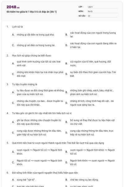 Đề kiểm tra giữa kì 1 Địa lí 6 có đáp án (Đề 1)