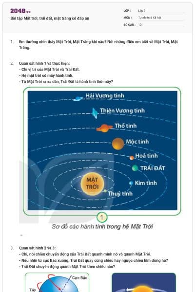 Bài tập Mặt trời, trái đất, mặt trăng có đáp án