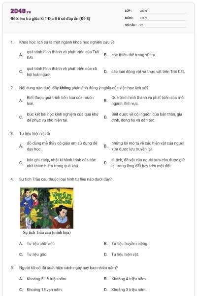 Đề kiểm tra giữa kì 1 Địa lí 6 có đáp án (Đề 3)