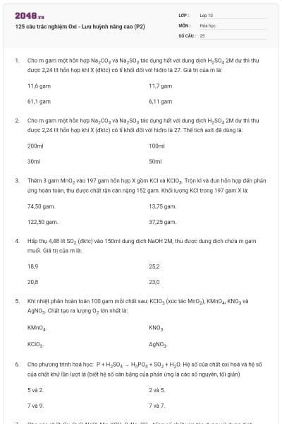 125 câu trắc nghiệm Oxi - Lưu huỳnh nâng cao (P2)