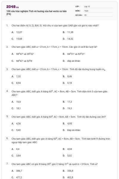 100 câu trắc nghiệm Tích vô hướng của hai vectơ cơ bản (P4)