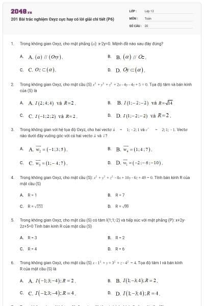 201 Bài trắc nghiệm Oxyz cực hay có lời giải chi tiết (P6)