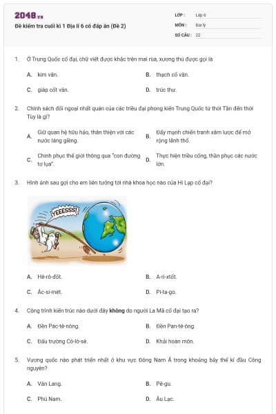 Đề kiểm tra cuối kì 1 Địa lí 6 có đáp án (Đề 2)