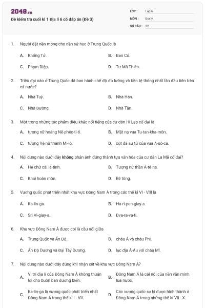 Đề kiểm tra cuối kì 1 Địa lí 6 có đáp án (Đề 3)