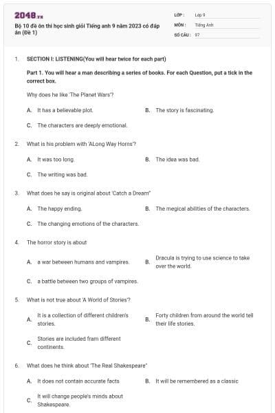 Bộ 10 đề ôn thi học sinh giỏi Tiếng anh 9 năm 2023 có đáp án (Đề 1)