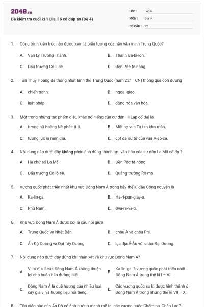 Đề kiểm tra cuối kì 1 Địa lí 6 có đáp án (Đề 4)