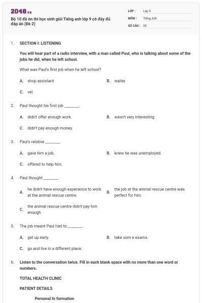 Bộ 10 đề ôn thi học sinh giỏi Tiếng anh lớp 9 có đầy đủ đáp án (Đề 2)