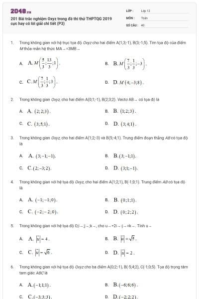 201 Bài trắc nghiệm Oxyz trong đề thi thử THPTQG 2019 cực hay có lời giải chi tiết (P3)