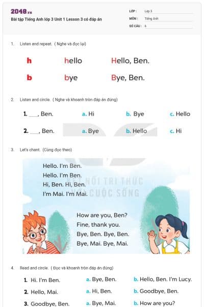 Bài tập Tiếng Anh lớp 3 Unit 1 Lesson 3 có đáp án