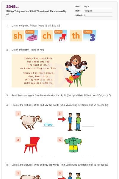 Bài tập Tiếng anh lớp 3 Unit 7 Lession 4. Phonics có đáp án