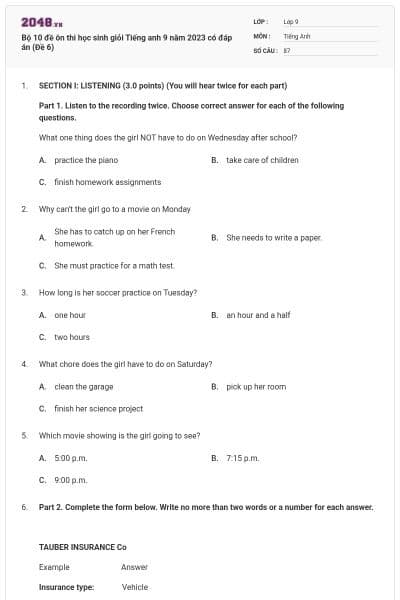 Bộ 10 đề ôn thi học sinh giỏi Tiếng anh 9 năm 2023 có đáp án (Đề 6)