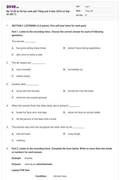 Bộ 10 đề ôn thi học sinh giỏi Tiếng anh 9 năm 2023 có đáp án (Đề 7)