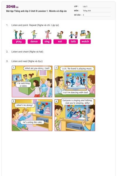 Bài tập Tiếng anh lớp 3 Unit 8 Lession 1. Words có đáp án