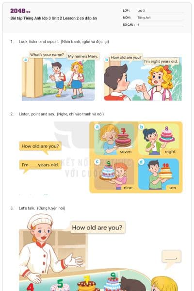 Bài tập Tiếng Anh lớp 3 Unit 2 Lesson 2 có đáp án