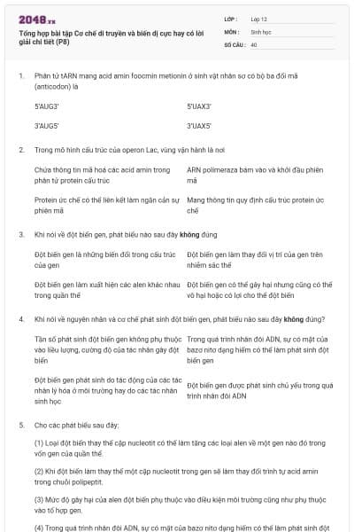 Tổng hợp bài tập Cơ chế di truyền và biến dị cực hay có lời giải chi tiết (P8)