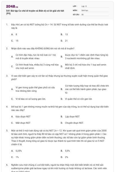 541 Bài tập Cơ chế di truyền và Biến dị có lời giải chi tiết (P9)