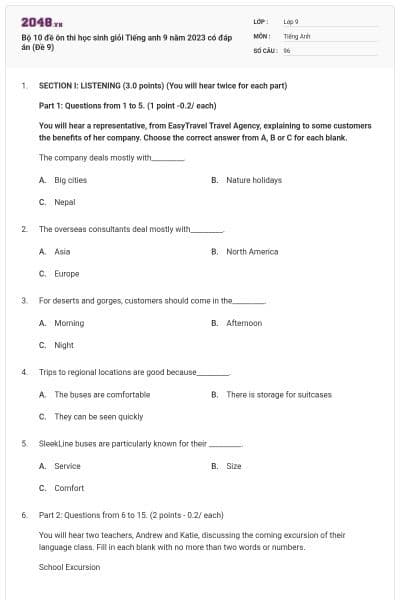 Bộ 10 đề ôn thi học sinh giỏi Tiếng anh 9 năm 2023 có đáp án (Đề 9)