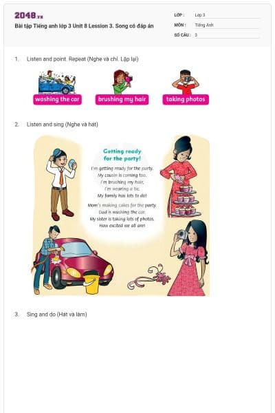 Bài tập Tiếng anh lớp 3 Unit 8 Lession 3. Song có đáp án