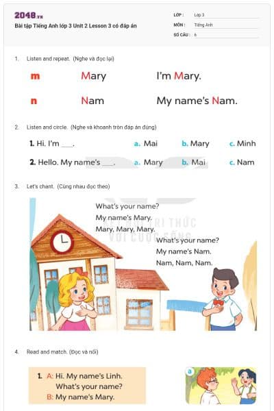 Bài tập Tiếng Anh lớp 3 Unit 2 Lesson 3 có đáp án