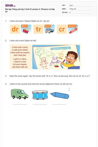 Bài tập Tiếng anh lớp 3 Unit 8 Lession 4. Phonics có đáp án