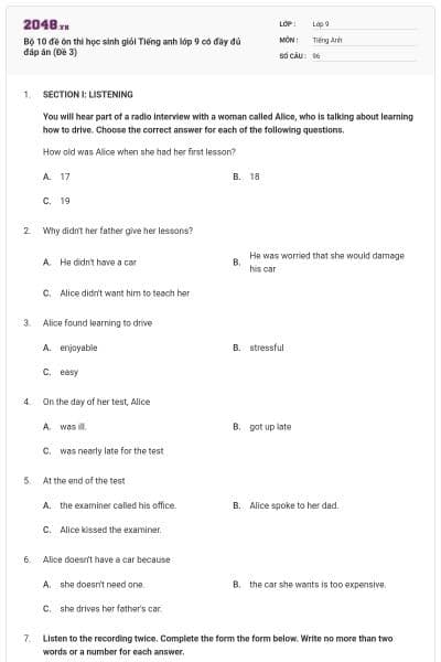 Bộ 10 đề ôn thi học sinh giỏi Tiếng anh lớp 9 có đầy đủ đáp án (Đề 3)