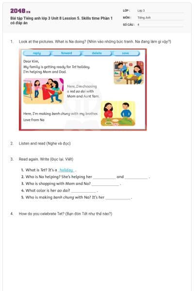 Bài tập Tiếng anh lớp 3 Unit 8 Lession 5. Skills time Phần 1 có đáp án