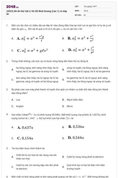 (2023) Đề thi thử Vật Lí Sở GD Bình Dương (Lần 1) có đáp án