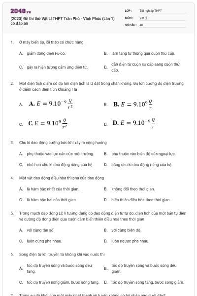 (2023) Đề thi thử Vật Lí THPT Trần Phú - Vĩnh Phúc (Lần 1) có đáp án
