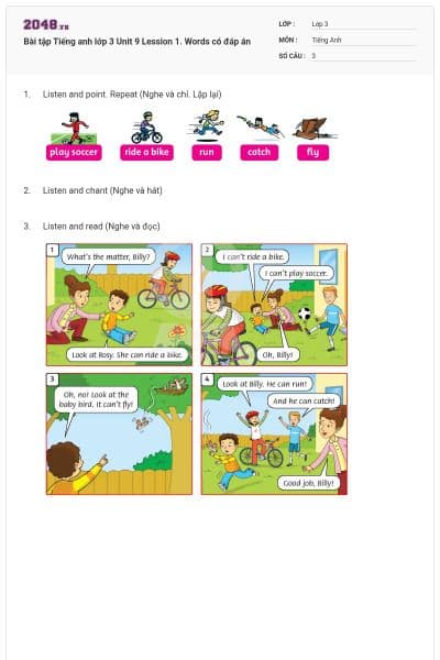 Bài tập Tiếng anh lớp 3 Unit 9 Lession 1. Words có đáp án