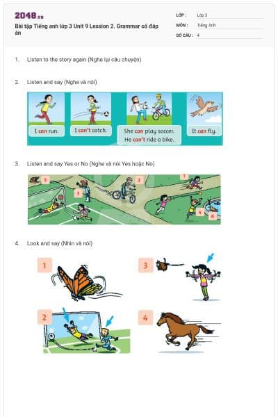 Bài tập Tiếng anh lớp 3 Unit 9 Lession 2. Grammar có đáp án