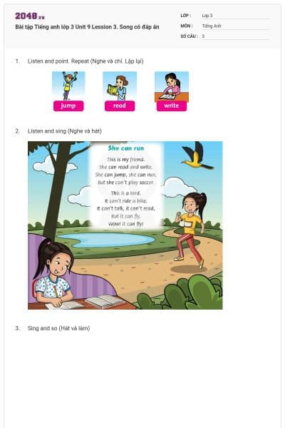Bài tập Tiếng anh lớp 3 Unit 9 Lession 3. Song có đáp án