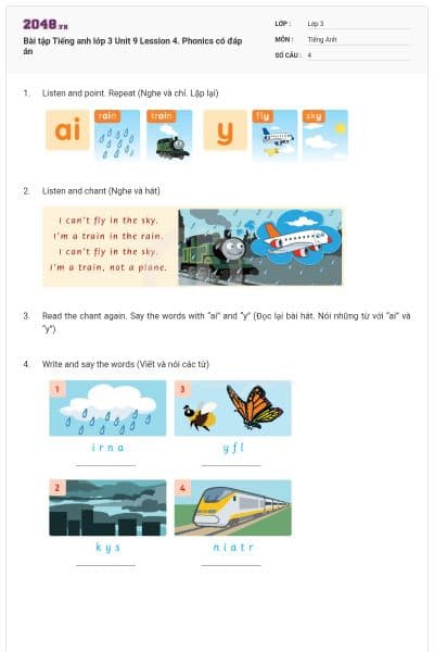 Bài tập Tiếng anh lớp 3 Unit 9 Lession 4. Phonics có đáp án