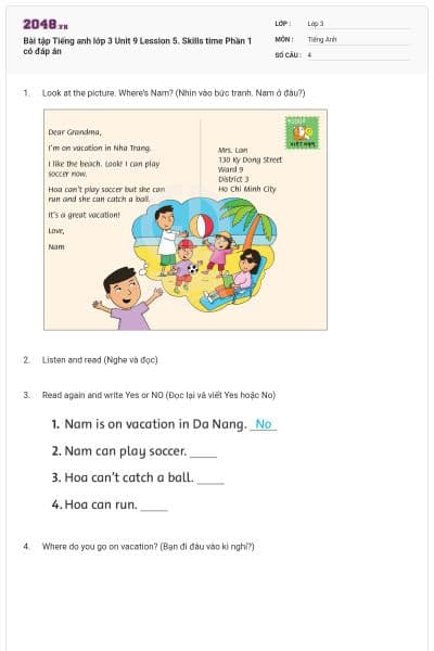 Bài tập Tiếng anh lớp 3 Unit 9 Lession 5. Skills time Phần 1 có đáp án