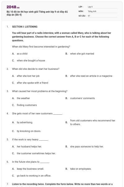 Bộ 10 đề ôn thi học sinh giỏi Tiếng anh lớp 9 có đầy đủ đáp án (Đề 4)