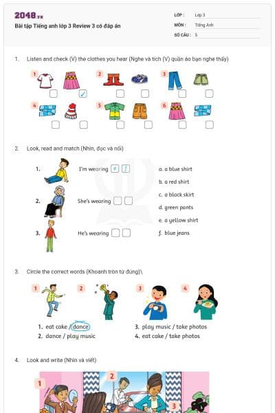 Bài tập Tiếng anh lớp 3 Review 3 có đáp án