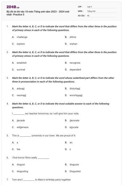Bộ đề ôn thi vào 10 môn Tiếng anh năm 2023 - 2024 mới nhất- Practice 5