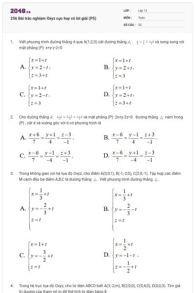 256 Bài trắc nghiệm Oxyz cực hay có lời giải (P5)
