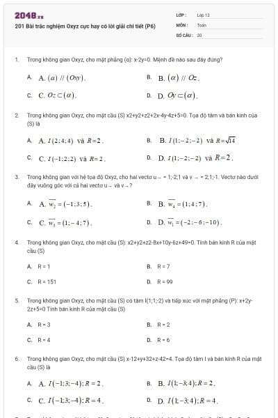 201 Bài trắc nghiệm Oxyz cực hay có lời giải chi tiết (P6)