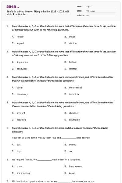 Bộ đề ôn thi vào 10 môn Tiếng anh năm 2023 - 2024 mới nhất- Practice 14