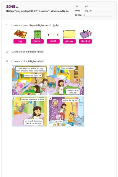 Bài tập Tiếng anh lớp 3 Unit 11 Lession 1. Words có đáp án