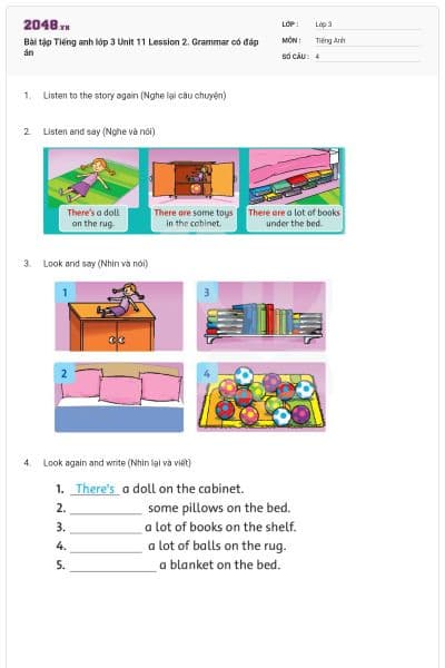 Bài tập Tiếng anh lớp 3 Unit 11 Lession 2. Grammar có đáp án