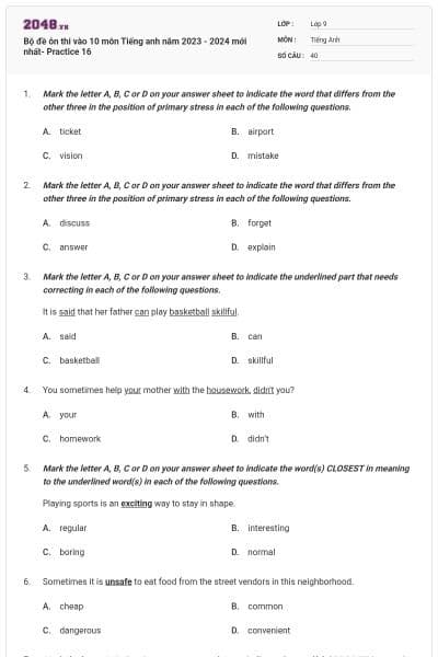Bộ đề ôn thi vào 10 môn Tiếng anh năm 2023 - 2024 mới nhất- Practice 16
