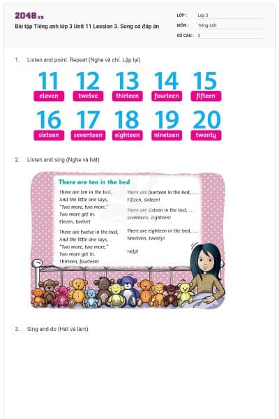 Bài tập Tiếng anh lớp 3 Unit 11 Lession 3. Song có đáp án