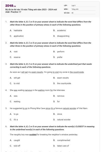 Bộ đề ôn thi vào 10 môn Tiếng anh năm 2023 - 2024 mới nhất- Practice 17